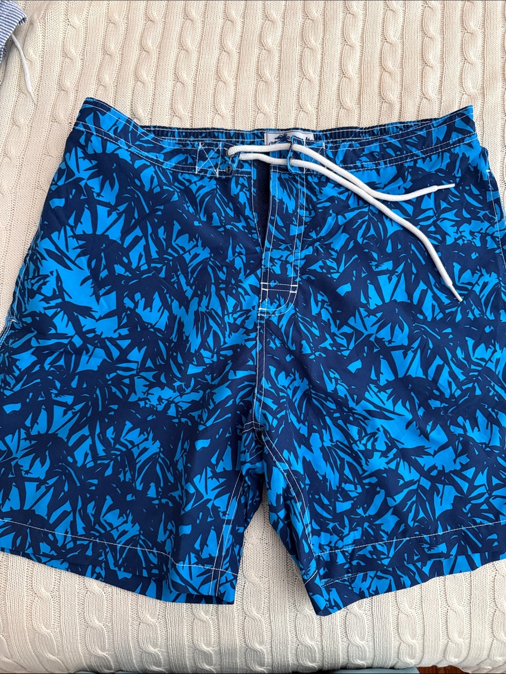 Men's Blue Palm-Print Swim Trunks with White Drawstring